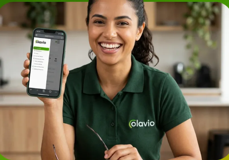 Profissional de conservadora mostrando o app Olavio no celular