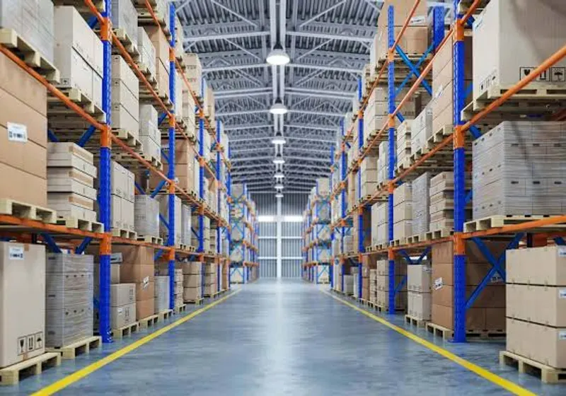 Corredor de galpão de distribuidora com estoque organizado